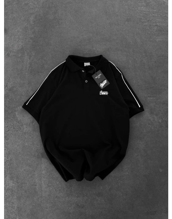 STWD NAKIŞ DETAY POLO YAKA OVERSİZE TSHİRT -SİYAH