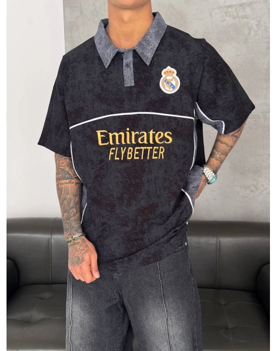 MDRD NAKIŞ DETAY POLO YAKA OVERSİZE TSHİRT -SİYAH