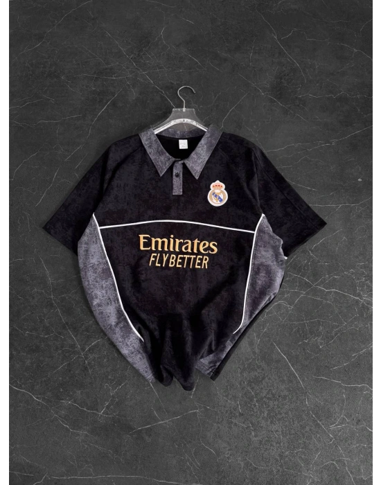 MDRD NAKIŞ DETAY POLO YAKA OVERSİZE TSHİRT -SİYAH