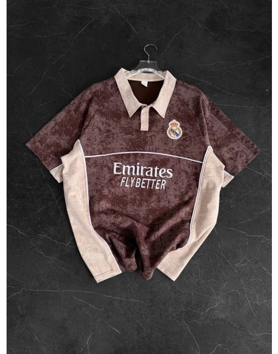 MDRD NAKIŞ DETAY POLO YAKA OVERSİZE TSHİRT -KAHVE