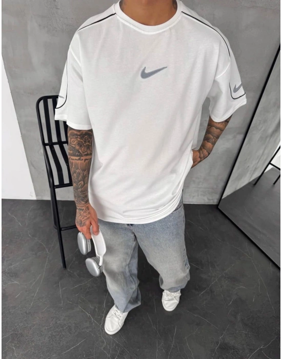 NKE REFLEKTÖR ARA BİLYELİ OVERSİZE TSHİRT -BEYAZ