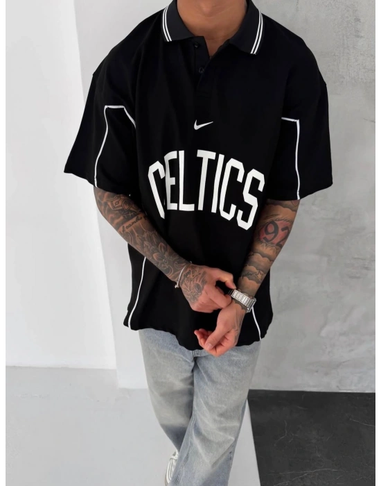 CELTİC BİYELİ POLO YAKA OVERSİZE TSHİRT -SİYAH