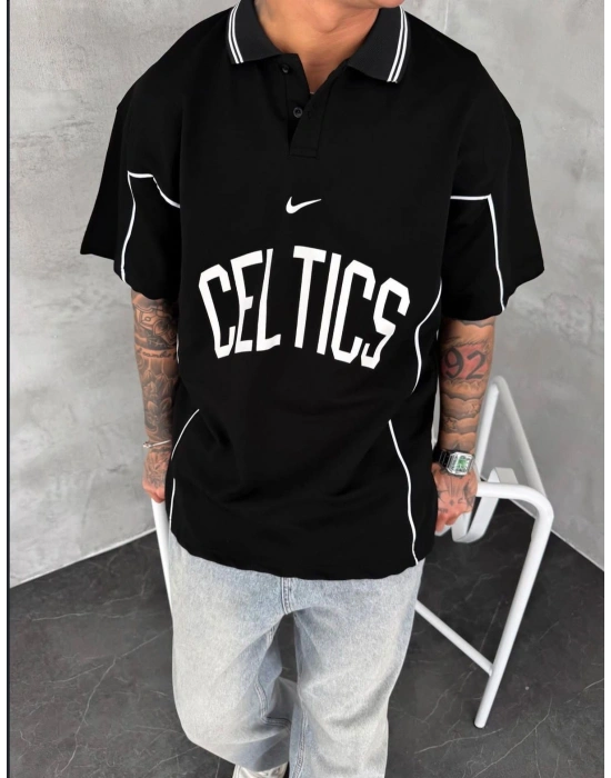 CELTİC BİYELİ POLO YAKA OVERSİZE TSHİRT -SİYAH