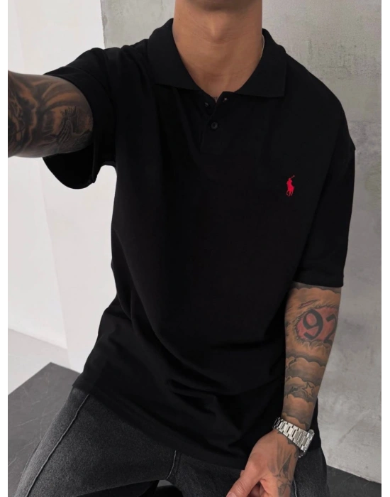 POLO YAKA OVERSİZE TSHİRT -SİYAH