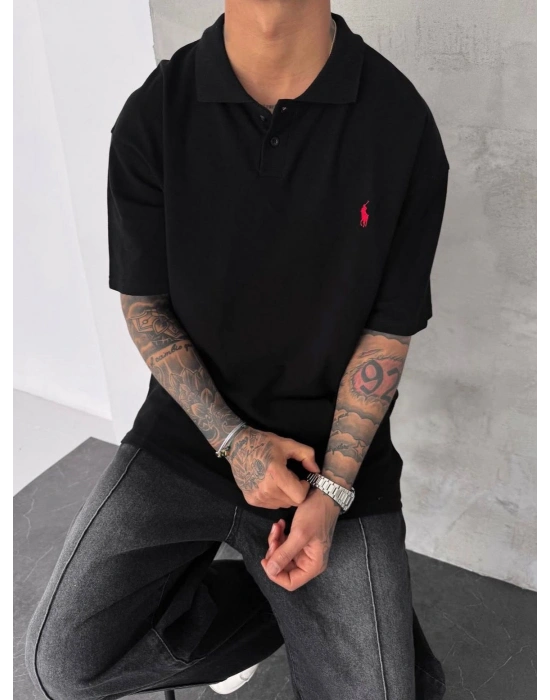 POLO YAKA OVERSİZE TSHİRT -SİYAH
