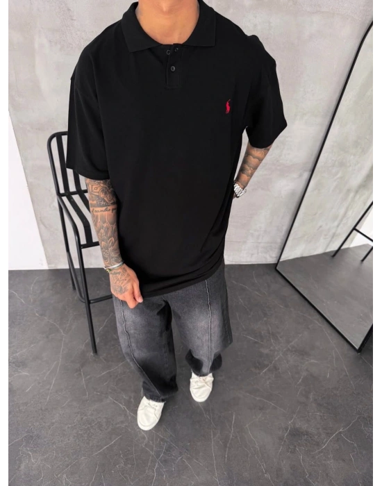POLO YAKA OVERSİZE TSHİRT -SİYAH