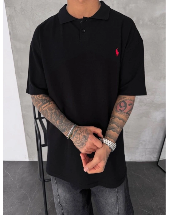 POLO YAKA OVERSİZE TSHİRT -SİYAH