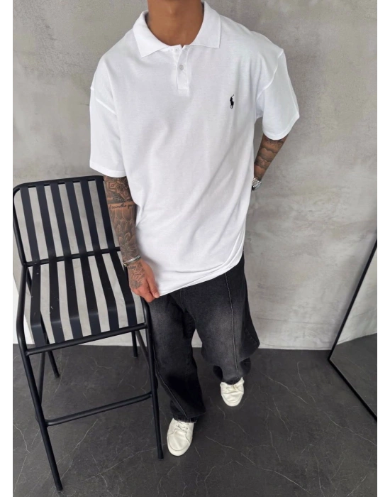 POLO YAKA OVERSİZE TSHİRT -BEYAZ