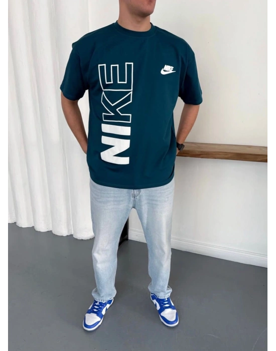 NKE BASKI DETAY OVERSİZE KALIP TSHİRT -MAVİ