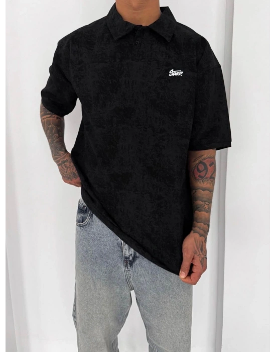 YIKAMALI SWD OVERSİZE POLO YAKA TSHİRT -SİYAH