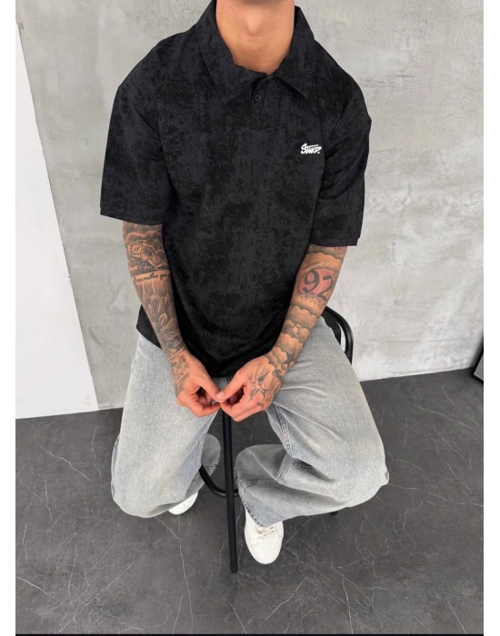 YIKAMALI SWD OVERSİZE POLO YAKA TSHİRT -SİYAH