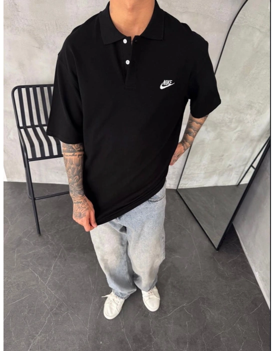 NKE NAKIŞ DETAY OVERSİZE POLO YAKA TSHİRT -SİYAH