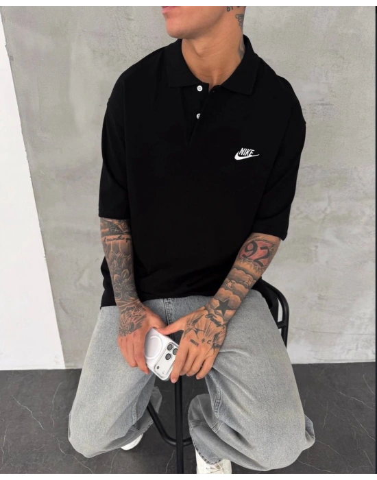 NKE NAKIŞ DETAY OVERSİZE POLO YAKA TSHİRT -SİYAH