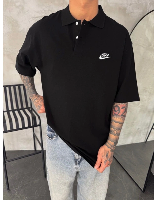 NKE NAKIŞ DETAY OVERSİZE POLO YAKA TSHİRT -SİYAH