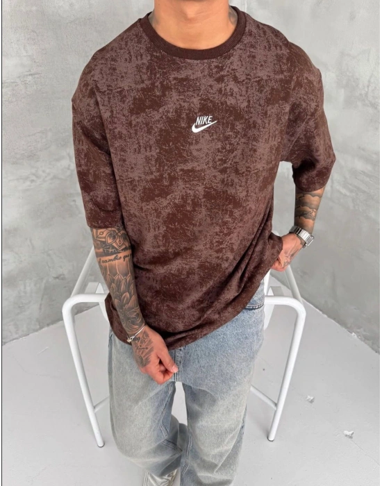 NKE YIKAMALI NAKIŞ DETAY OVERSİZE TSHİRT -KAHVERENGİ