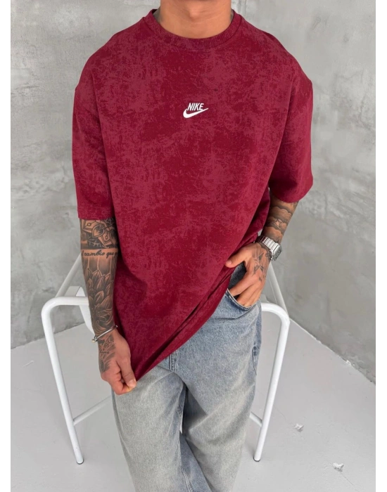 NKE YIKAMALI NAKIŞ DETAY OVERSİZE TSHİRT -BORDO