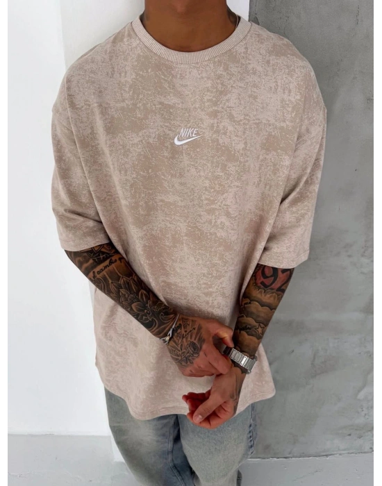 NKE YIKAMALI NAKIŞ DETAY OVERSİZE TSHİRT -BEJ