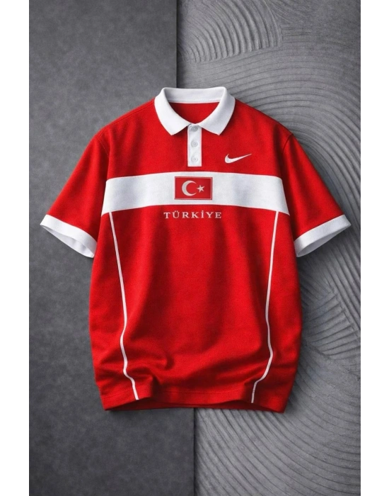 TÜRKİYEM POLO YAKA OVERSİZE T-SHİRT - KIRMIZI