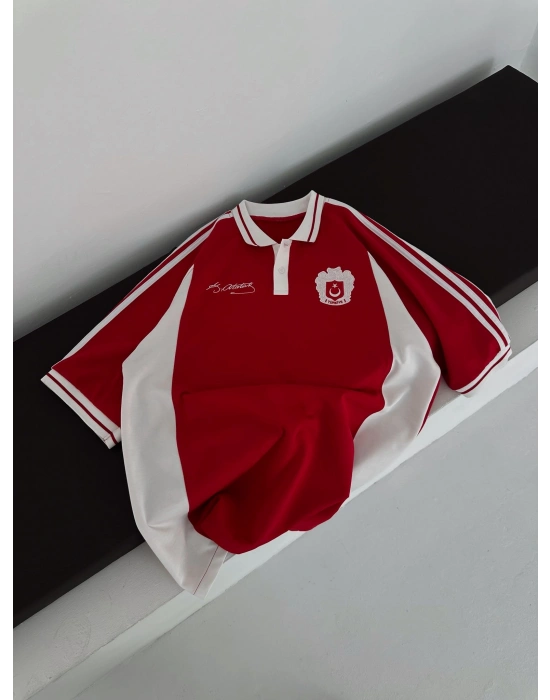 TÜRKİYEM NAKIŞ DETAY POLO YAKA OVERSİZE T-SHİRT - KIRMIZI