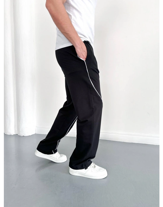 NKE 2 İPLİK ŞERİT DETAY BAGGY PAÇA LASTİKLİ EŞOFMAN - SİYAH