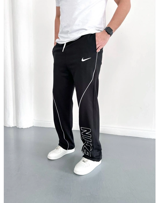 NKE 2 İPLİK ŞERİT DETAY BAGGY PAÇA LASTİKLİ EŞOFMAN - SİYAH