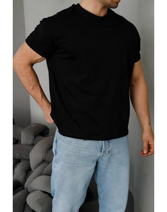 Basic Kollar Dar Kesim Kumaş Tshirt - Siyah