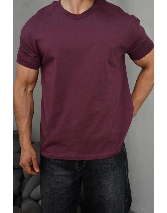 Basic Kollar Dar Kesim Kumaş Tshirt - Bordo