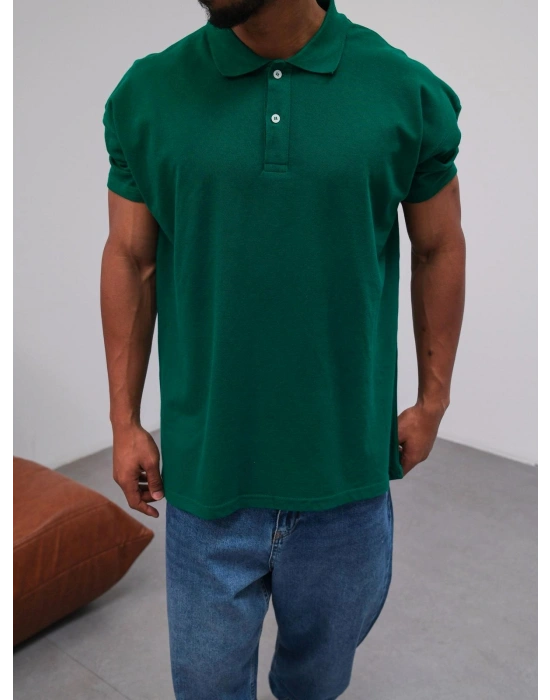 Polo Yaka Kollar Dar Kesim Tshirt - Koyu Yeşil
