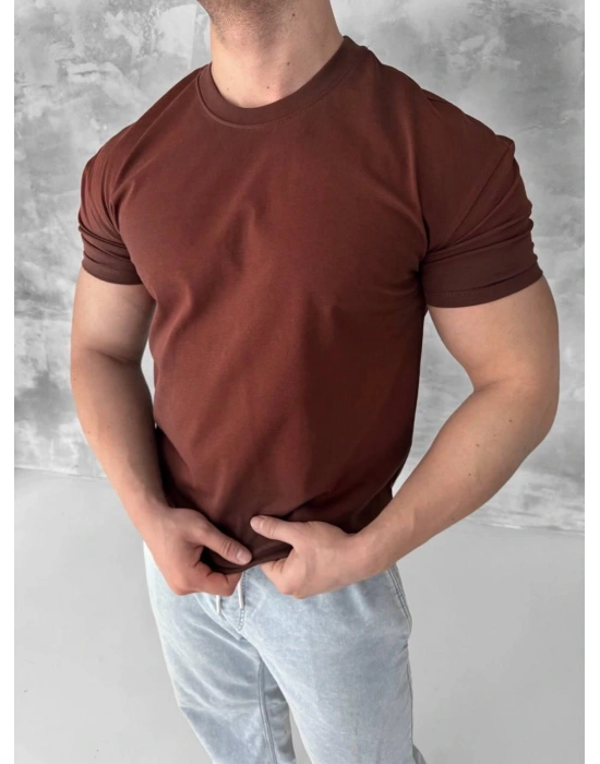 BASİC KOLLAR DAR KESİM TSHİRT - KAHVERENGİ