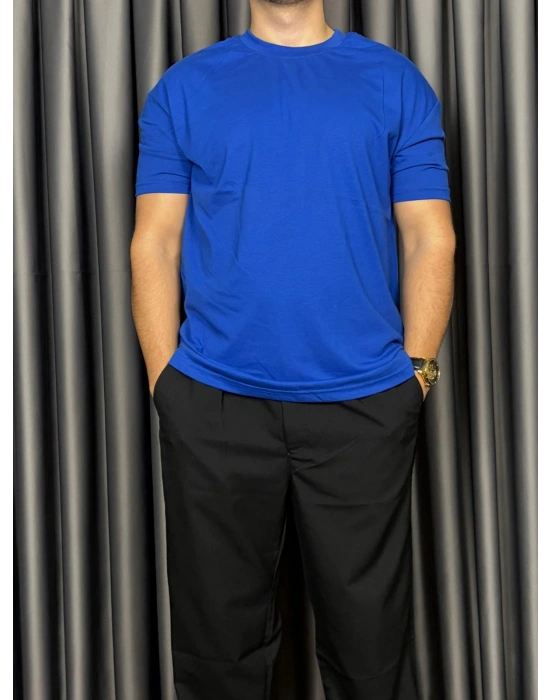 Basic Kollar Dar Kesim Tshirt - Mavi