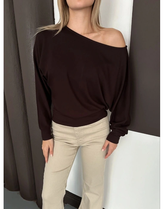 Düşük Omuz Modal Bluz - Kahverengi