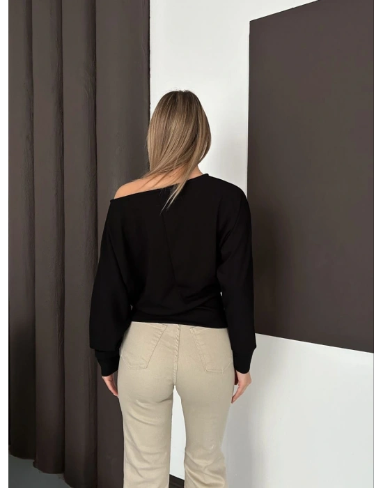 Düşük Omuz Modal Bluz - Siyah