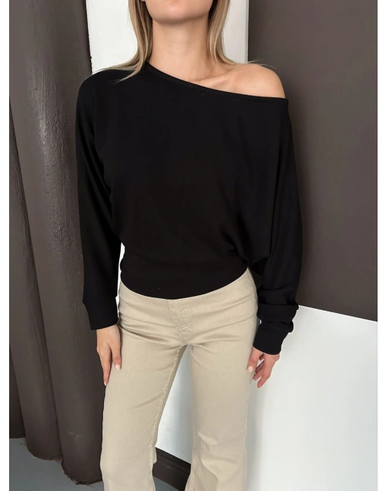 Düşük Omuz Modal Bluz - Siyah