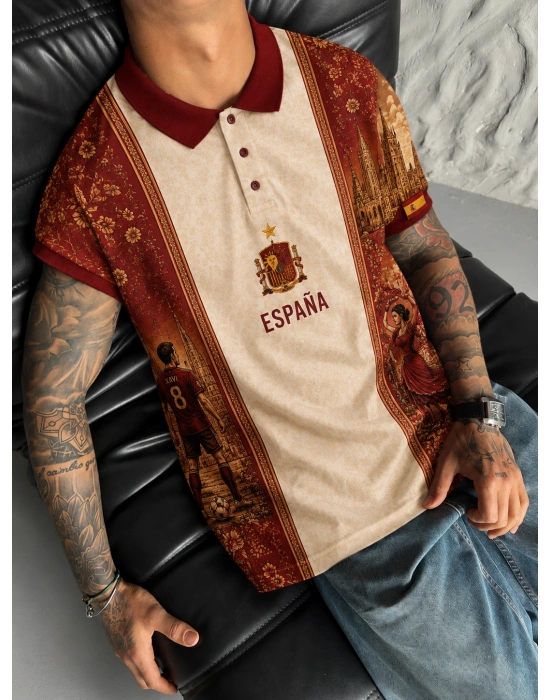 İSPANYA DİJİTAL POLO YAKA OVERSİZE T-SHİRT
