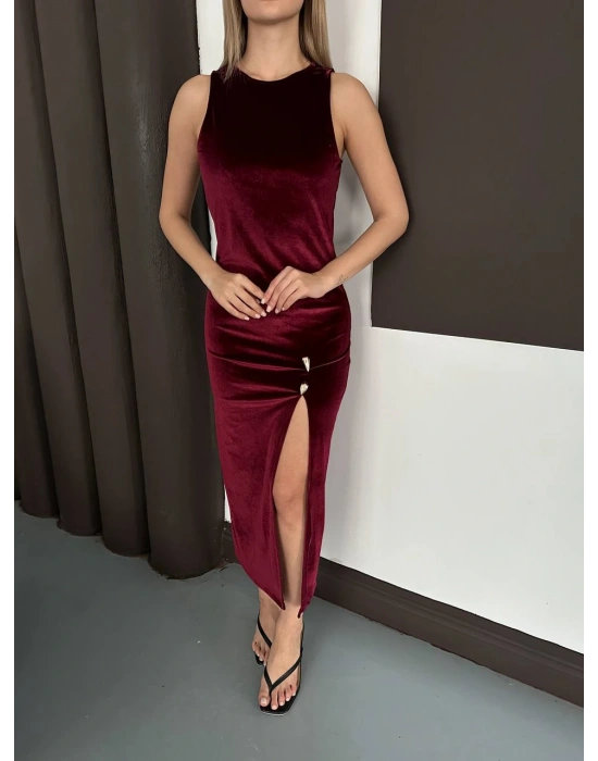 Kadife Elbise - Bordo