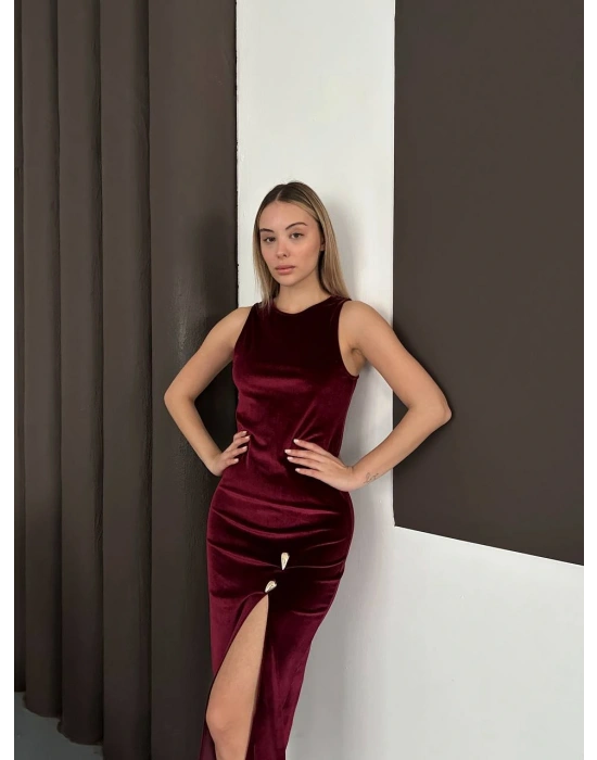 Kadife Elbise - Bordo