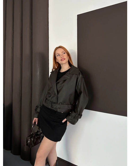 Kemer Detaylı Kısa Deri Ceket - Kahverengi