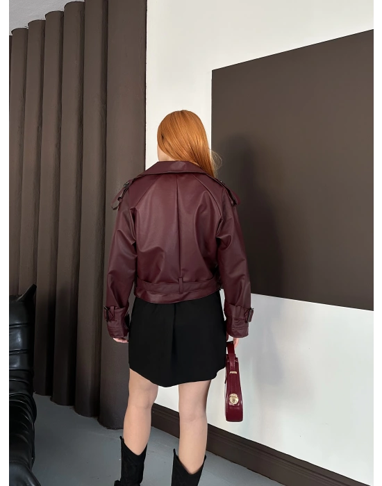 Kemer Detaylı Kısa Deri Ceket - Bordo