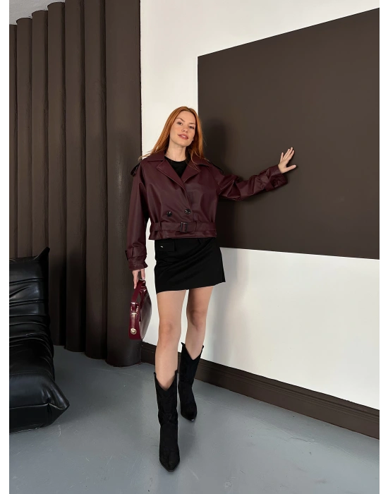 Kemer Detaylı Kısa Deri Ceket - Bordo