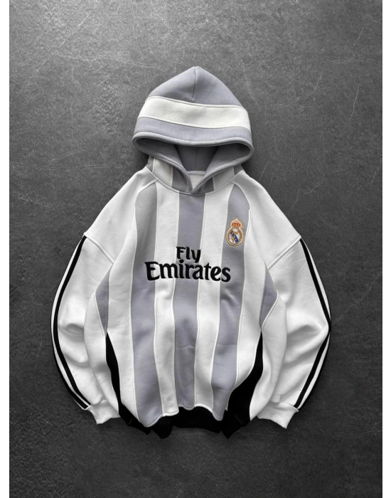 MADRİD ŞERİT KAPŞONLU OVERSİZE 3 İPLİK KUMAŞ SWEAT - BEYAZ