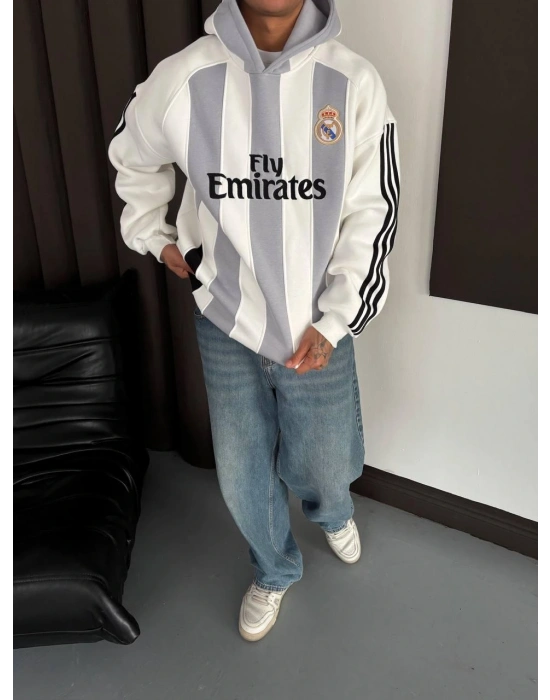 MADRİD ŞERİT KAPŞONLU OVERSİZE 3 İPLİK KUMAŞ SWEAT - BEYAZ
