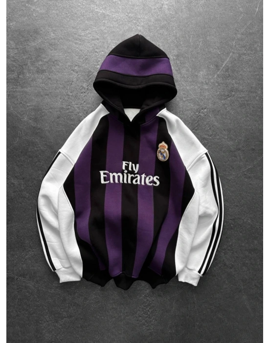 MADRİD ŞERİT KAPŞONLU OVERSİZE 3 İPLİK KUMAŞ SWEAT - MOR