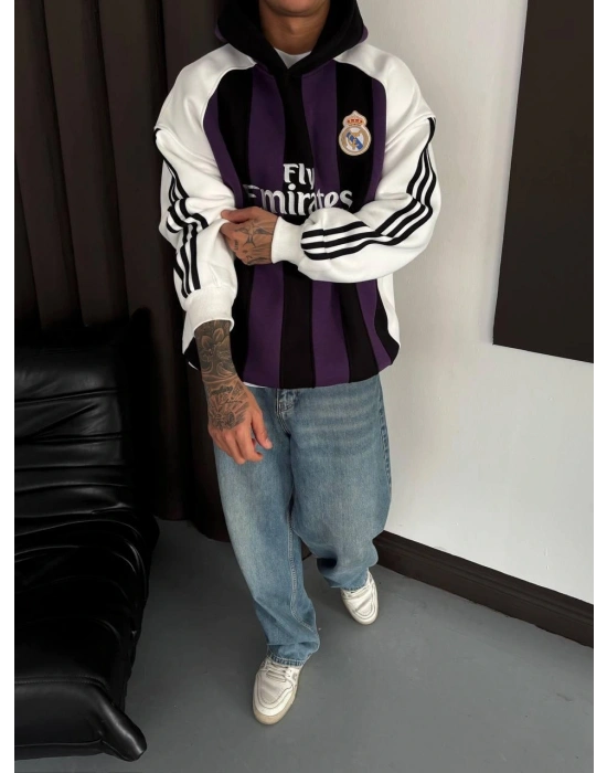 MADRİD ŞERİT KAPŞONLU OVERSİZE 3 İPLİK KUMAŞ SWEAT - MOR