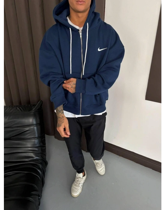 NKE BASKI DETAY OVERSİZE 3 İPLİK HIRKA - LACİVERT