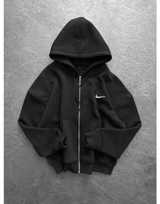 NIKE BASKI DETAY OVERSİZE 3 İPLİK HIRKA - SİYAH