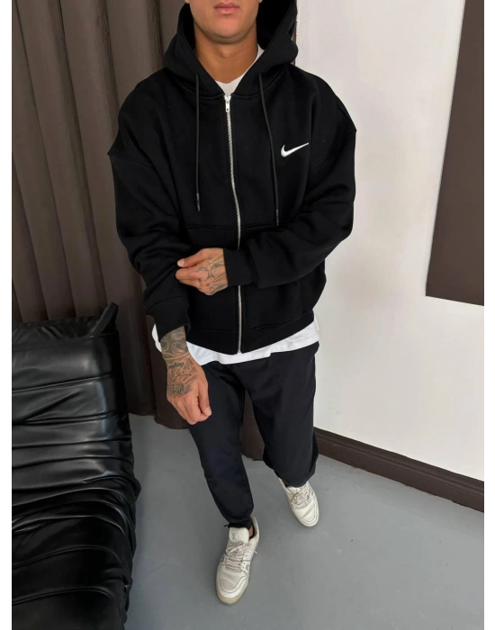 NIKE BASKI DETAY OVERSİZE 3 İPLİK HIRKA - SİYAH