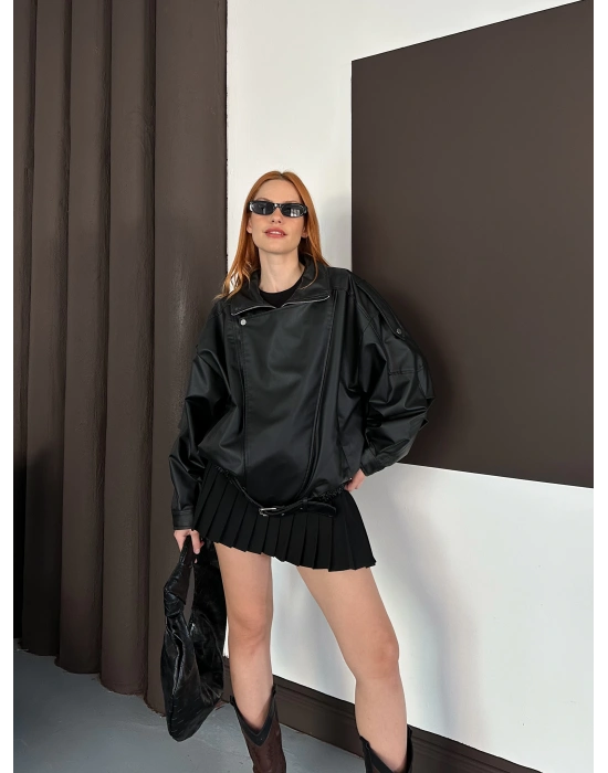 Oversize Kemer Detay Deri Ceket