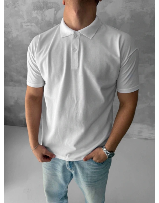 POLO YAKA KOLLAR DAR KESİM TSHİRT - BEYAZ