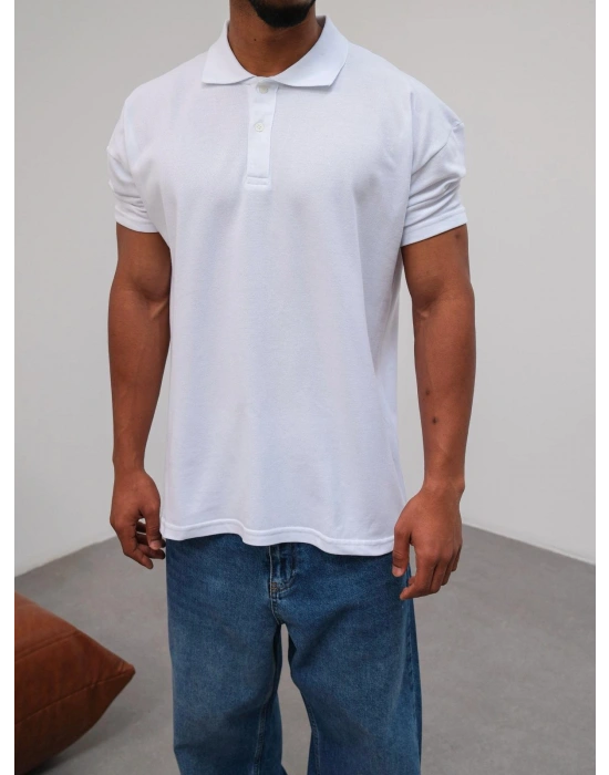 Polo Yaka Kollar Dar Kesim Tshirt - Beyaz