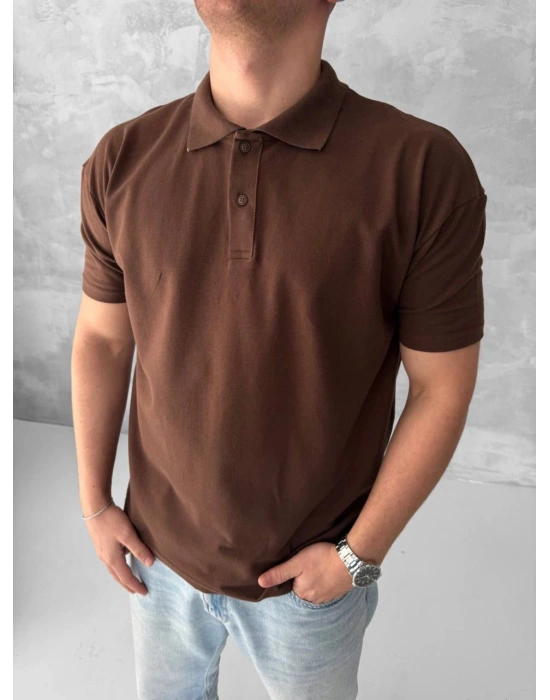 POLO YAKA KOLLAR DAR KESİM TSHİRT - KAHVERENGİ